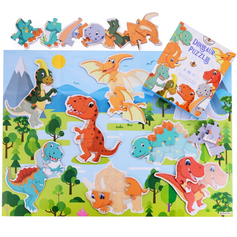 BEESTECH Beginner Dinosaur Puzzles for 2, 3, 4 Year Old Toddlers, 8 Pack Jigsaw Educational Learning Puzzles for Toddlers, 8 Different Dinosaurs with Dinosaur World Map - Image 2
